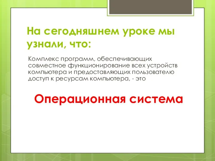 На сегодняшнем уроке мы узнали, что: Комплекс программ, обеспечивающих совместное функционирование