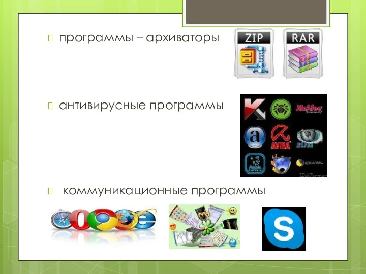 программы – архиваторы антивирусные программы коммуникационные программы