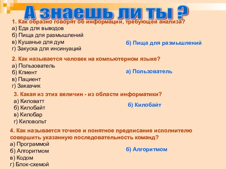 1. Как образно говорят об информации, требующей анализа? а) Еда для