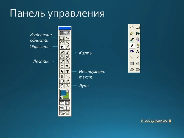 Панель управления К содержанию ◘ Лупа. Инструмент текст. Обрезать. Ластик. Выделение области. Кисть.