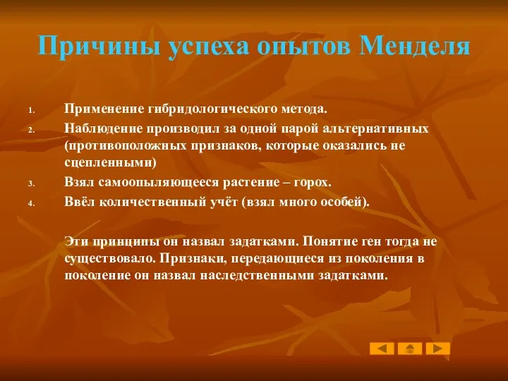 Причины успеха опытов Менделя Применение гибридологического метода. Наблюдение производил за одной