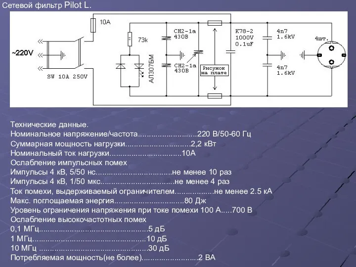 Сетевой фильтр Pilot L. Технические данные. Номинальное напряжение/частота...........................220 В/50-60 Гц Суммарная