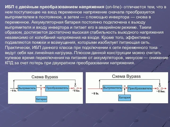 ИБП с двойным преобразованием напряжения (on-line)- отличается тем, что в нем