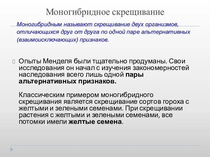 Моногибридное скрещивание Опыты Менделя были тщательно продуманы. Свои исследования он начал