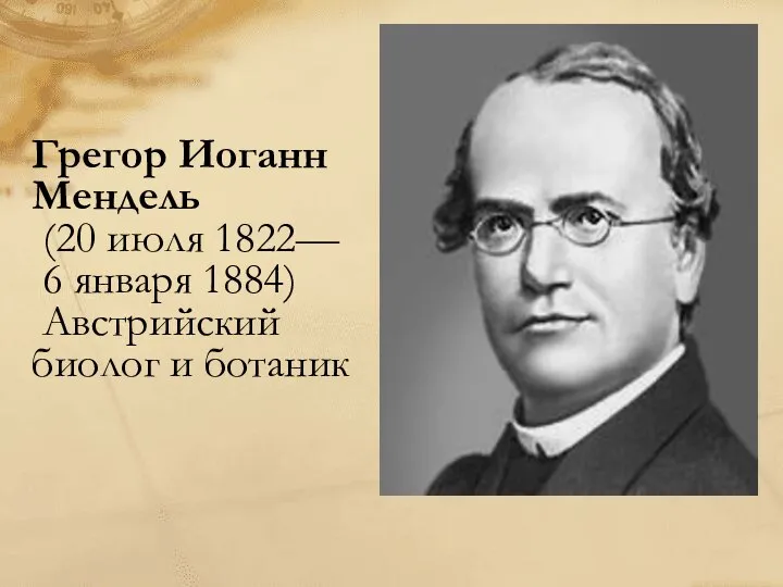 Грегор Иоганн Мендель (20 июля 1822— 6 января 1884) Австрийский биолог и ботаник