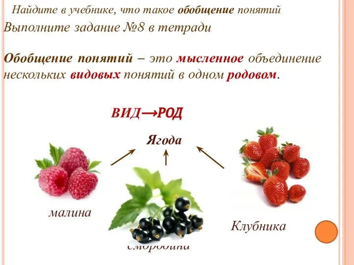 ВИД⟶РОД Найдите в учебнике, что такое обобщение понятий Обобщение понятий –