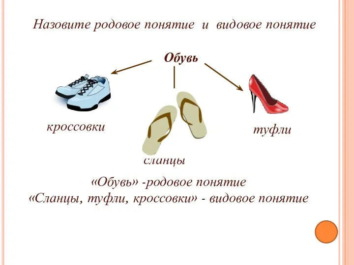 Назовите родовое понятие и видовое понятие «Обувь» -родовое понятие «Сланцы, туфли,