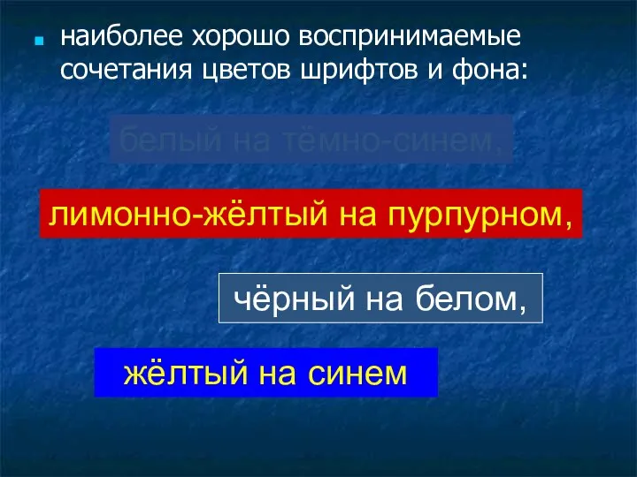 наиболее хорошо воспринимаемые сочетания цветов шрифтов и фона: белый на тёмно-синем,