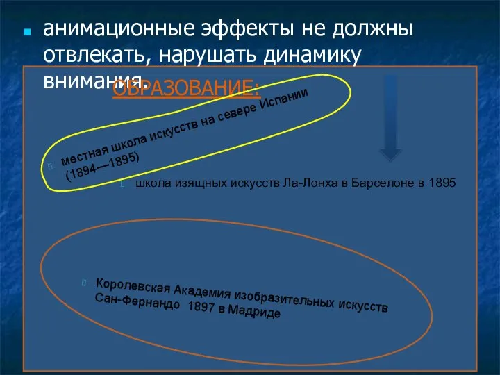 анимационные эффекты не должны отвлекать, нарушать динамику внимания. ОБРАЗОВАНИЕ: местная школа