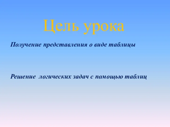 Цель урока Получение представления о виде таблицы Решение логических задач с помощью таблиц