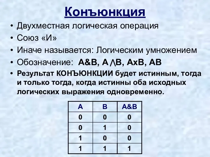 Конъюнкция Двухместная логическая операция Союз «И» Иначе называется: Логическим умножением Обозначение: