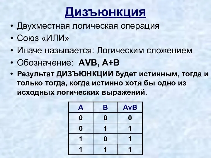 Дизъюнкция Двухместная логическая операция Союз «ИЛИ» Иначе называется: Логическим сложением Обозначение: