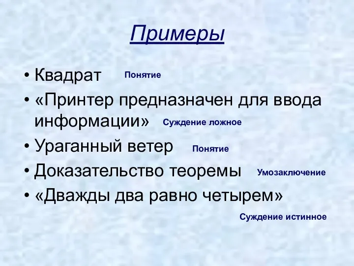 Примеры Квадрат «Принтер предназначен для ввода информации» Ураганный ветер Доказательство теоремы