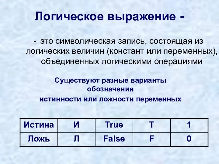 Логическое выражение - это символическая запись, состоящая из логических величин (констант