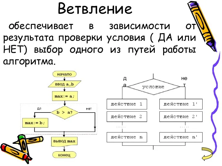 Ветвление обеспечивает в зависимости от результата проверки условия ( ДА или