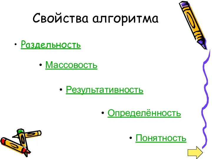 Свойства алгоритма Раздельность Массовость Результативность Понятность Определённость