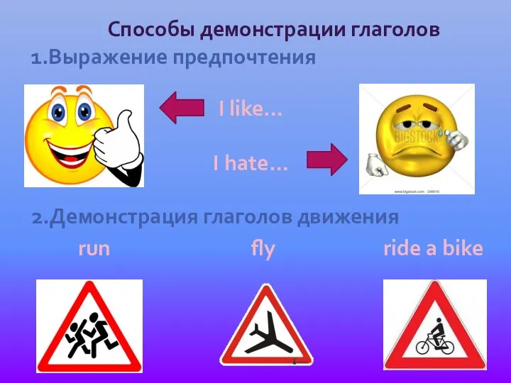 Способы демонстрации глаголов 1.Выражение предпочтения I like… I hate… 2.Демонстрация глаголов