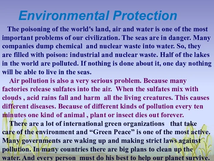 Environmental Protection The poisoning of the world's land, air and water