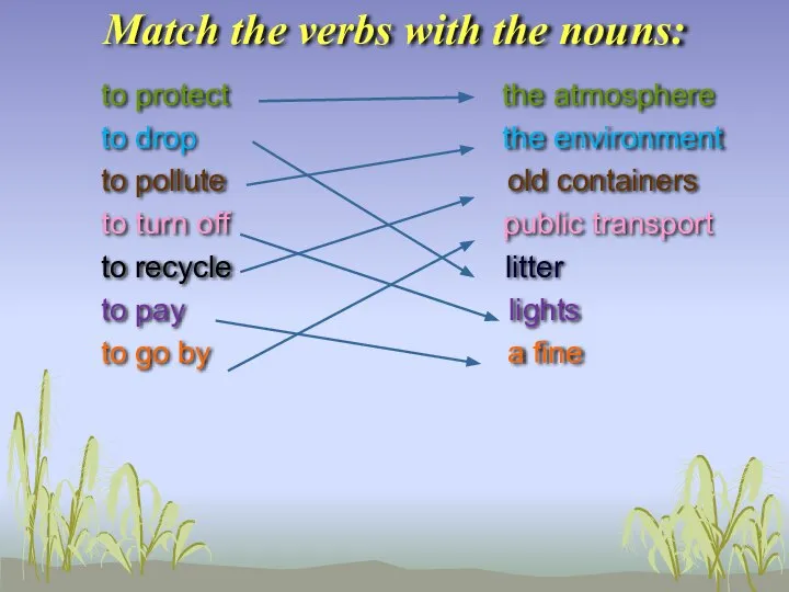 Match the verbs with the nouns: to protect the atmosphere to