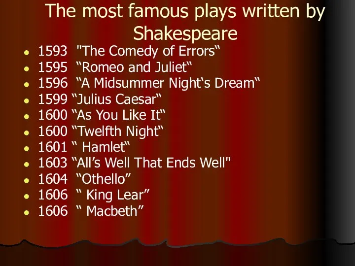 The most famous plays written by Shakespeare 1593 "The Comedy of