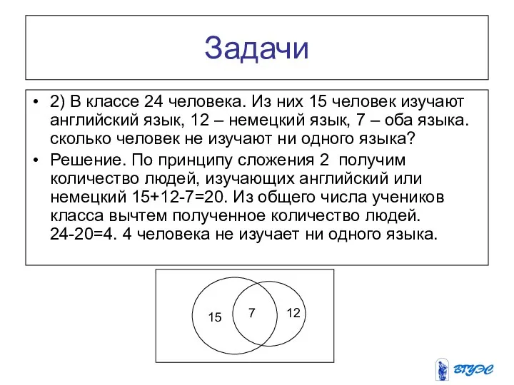 Задачи 2) В классе 24 человека. Из них 15 человек изучают