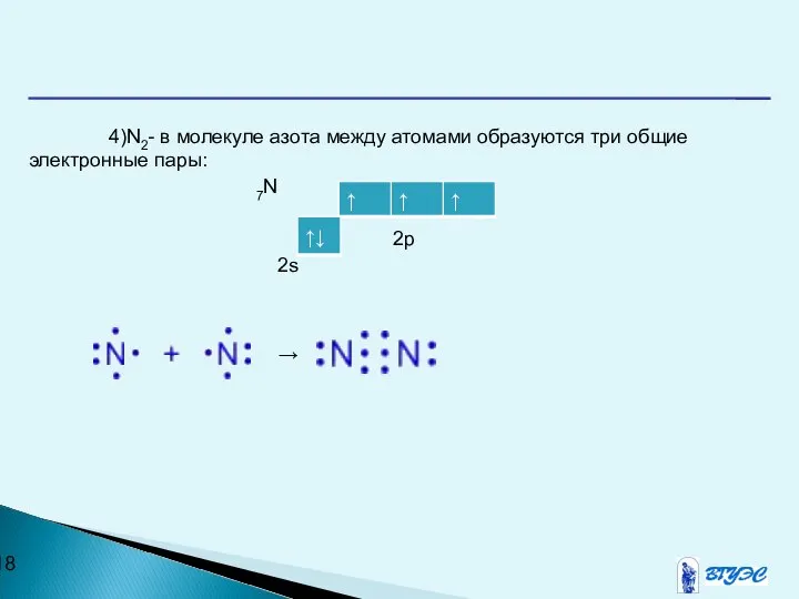 4)N2- в молекуле азота между атомами образуются три общие электронные пары: 7N 2p 2s →