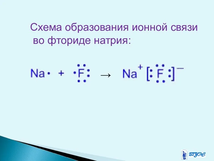→ Схема образования ионной связи во фториде натрия: