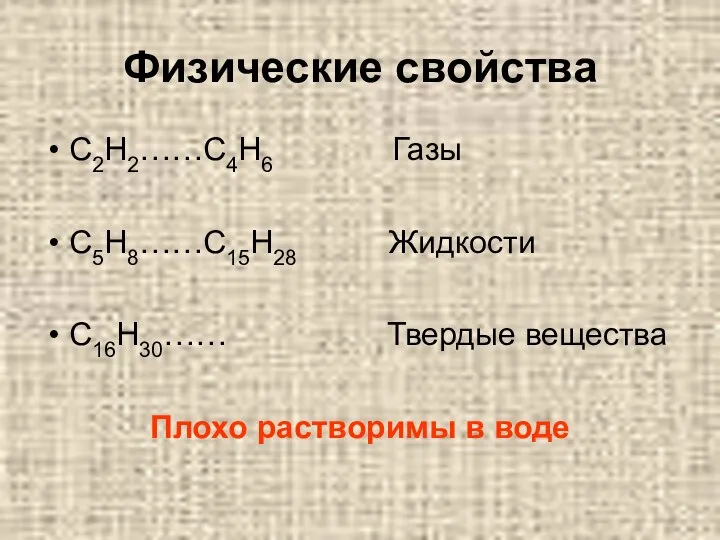 Физические свойства C2H2……C4H6 Газы C5H8……C15H28 Жидкости C16H30…… Твердые вещества Плохо растворимы в воде