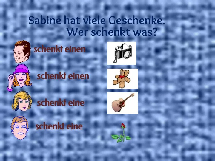 Sabine hat viele Geschenke. Wer schenkt was? schenkt einen schenkt einen schenkt eine schenkt eine