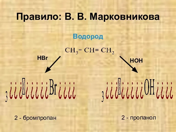 Правило: В. В. Марковникова Водород HBr HOH 2 - бромпропан 2 - пропанол