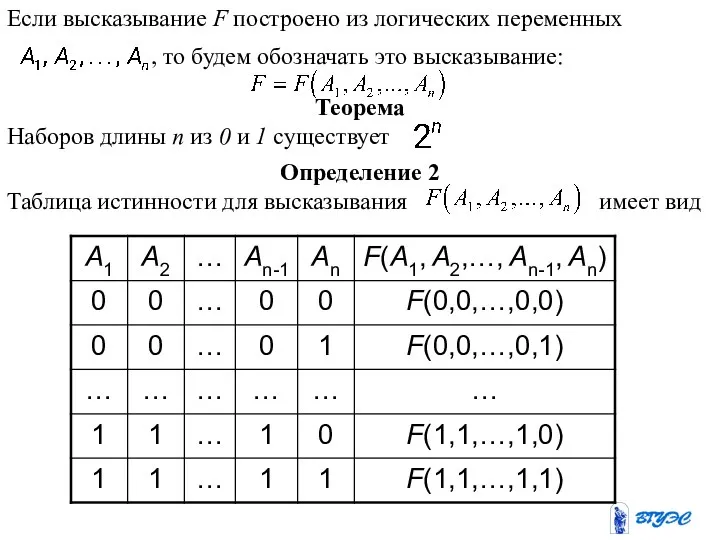 Определение 2 Таблица истинности для высказывания имеет вид Если высказывание F