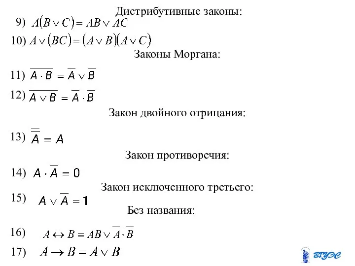 Законы Моргана: Закон двойного отрицания: Закон противоречия: Закон исключенного третьего: 9)