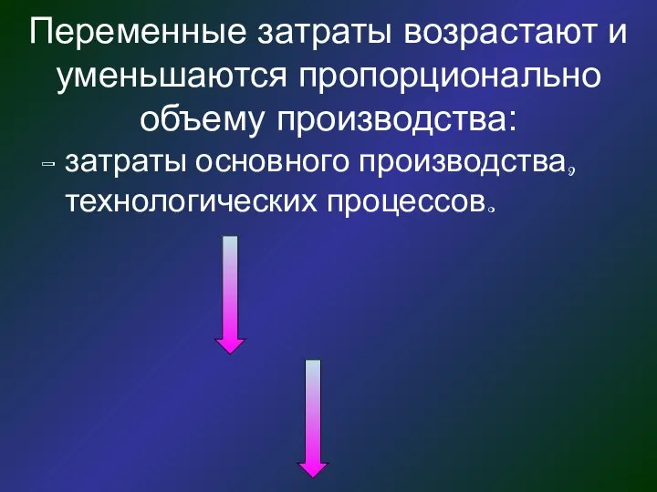 Переменные затраты возрастают и уменьшаются пропорционально объему производства: - затраты основного производства, технологических процессов.