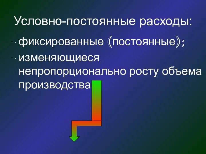 Условно-постоянные расходы: фиксированные (постоянные); изменяющиеся непропорционально росту объема производства.