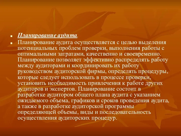 Планирование аудита. Планирование аудита осуществляется с целью выделения потенциальных проблем проверки,