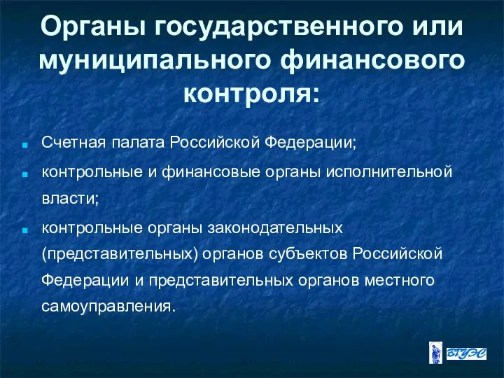 Органы государственного или муниципального финансового контроля: Счетная палата Российской Федерации; контрольные
