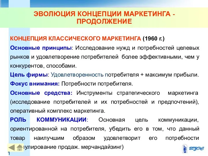 ЭВОЛЮЦИЯ КОНЦЕПЦИИ МАРКЕТИНГА - ПРОДОЛЖЕНИЕ КОНЦЕПЦИЯ КЛАССИЧЕСКОГО МАРКЕТИНГА (1960 г.) Основные