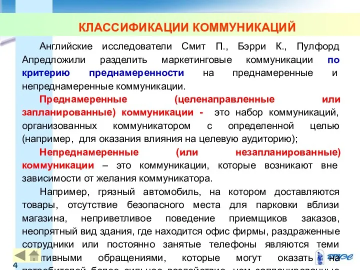 КЛАССИФИКАЦИИ КОММУНИКАЦИЙ Английские исследователи Смит П., Бэрри К., Пулфорд Апредложили разделить