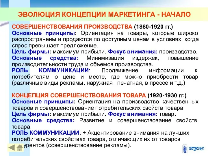 ЭВОЛЮЦИЯ КОНЦЕПЦИИ МАРКЕТИНГА - НАЧАЛО СОВЕРШЕНСТВОВАНИЯ ПРОИЗВОДСТВА (1860-1920 гг.) Основные принципы: