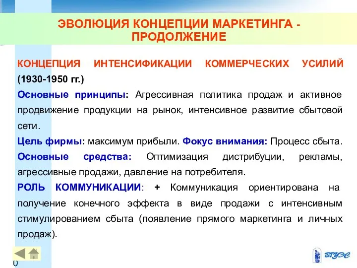 ЭВОЛЮЦИЯ КОНЦЕПЦИИ МАРКЕТИНГА - ПРОДОЛЖЕНИЕ КОНЦЕПЦИЯ ИНТЕНСИФИКАЦИИ КОММЕРЧЕСКИХ УСИЛИЙ (1930-1950 гг.)