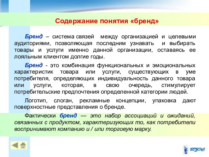 Содержание понятия «бренд» Бренд – система связей между организацией и целевыми