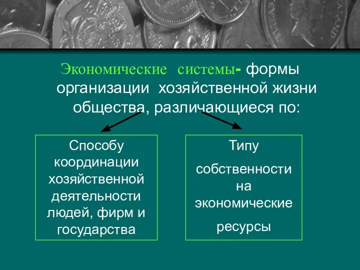 Экономические системы- формы организации хозяйственной жизни общества, различающиеся по: Способу координации