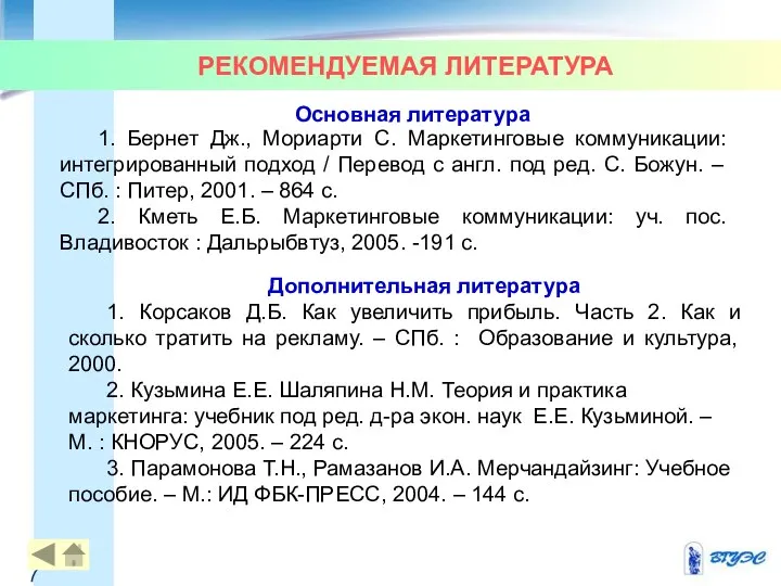 РЕКОМЕНДУЕМАЯ ЛИТЕРАТУРА Основная литература 1. Бернет Дж., Мориарти С. Маркетинговые коммуникации: