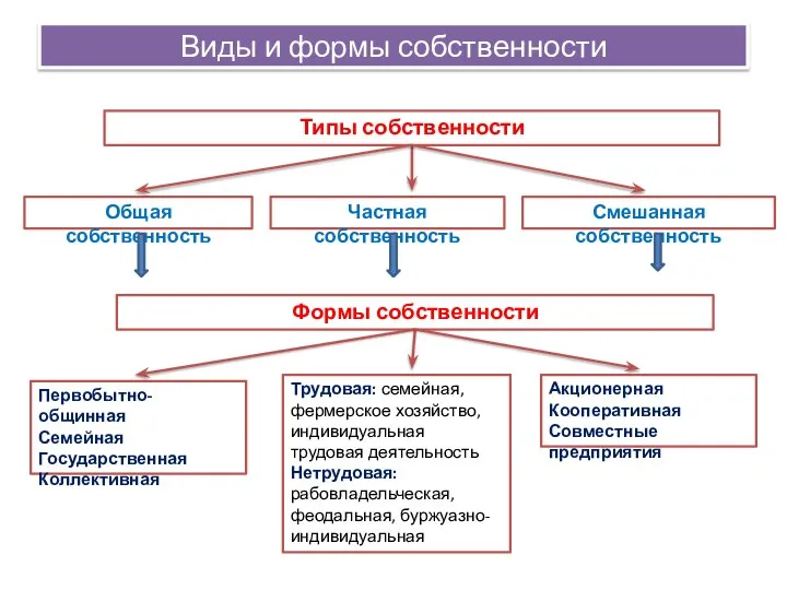 Виды и формы собственности Типы собственности Общая собственность Частная собственность Смешанная