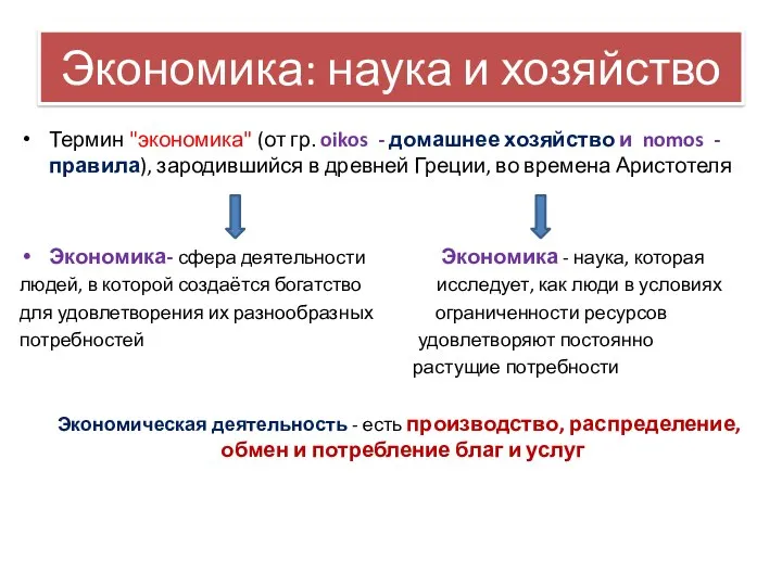 Экономика: наука и хозяйство Термин "экономика" (от гр. oikos - домашнее