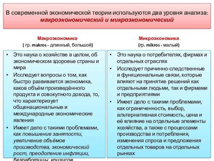 В современной экономической теории используются два уровня анализа: макроэкономический и микроэкономический