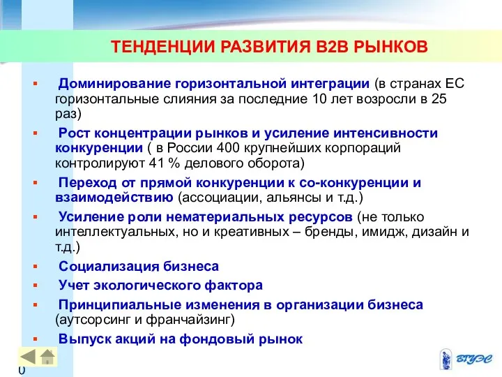 ТЕНДЕНЦИИ РАЗВИТИЯ B2B РЫНКОВ Доминирование горизонтальной интеграции (в странах ЕС горизонтальные