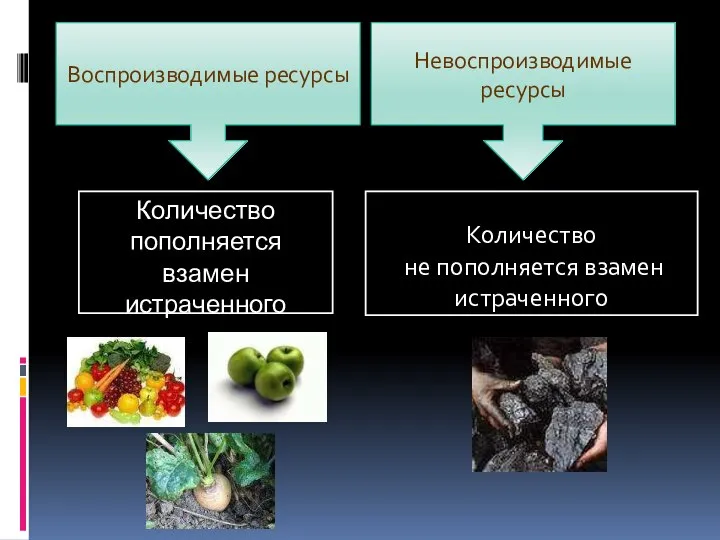 Количество пополняется взамен истраченного Количество не пополняется взамен истраченного Воспроизводимые ресурсы Невоспроизводимые ресурсы