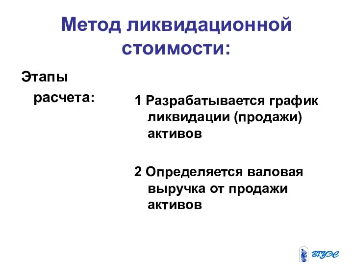 Метод ликвидационной стоимости: Этапы расчета: 1 Разрабатывается график ликвидации (продажи) активов