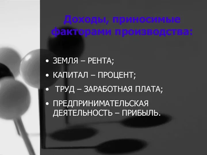 Доходы, приносимые факторами производства: ЗЕМЛЯ – РЕНТА; КАПИТАЛ – ПРОЦЕНТ; ТРУД